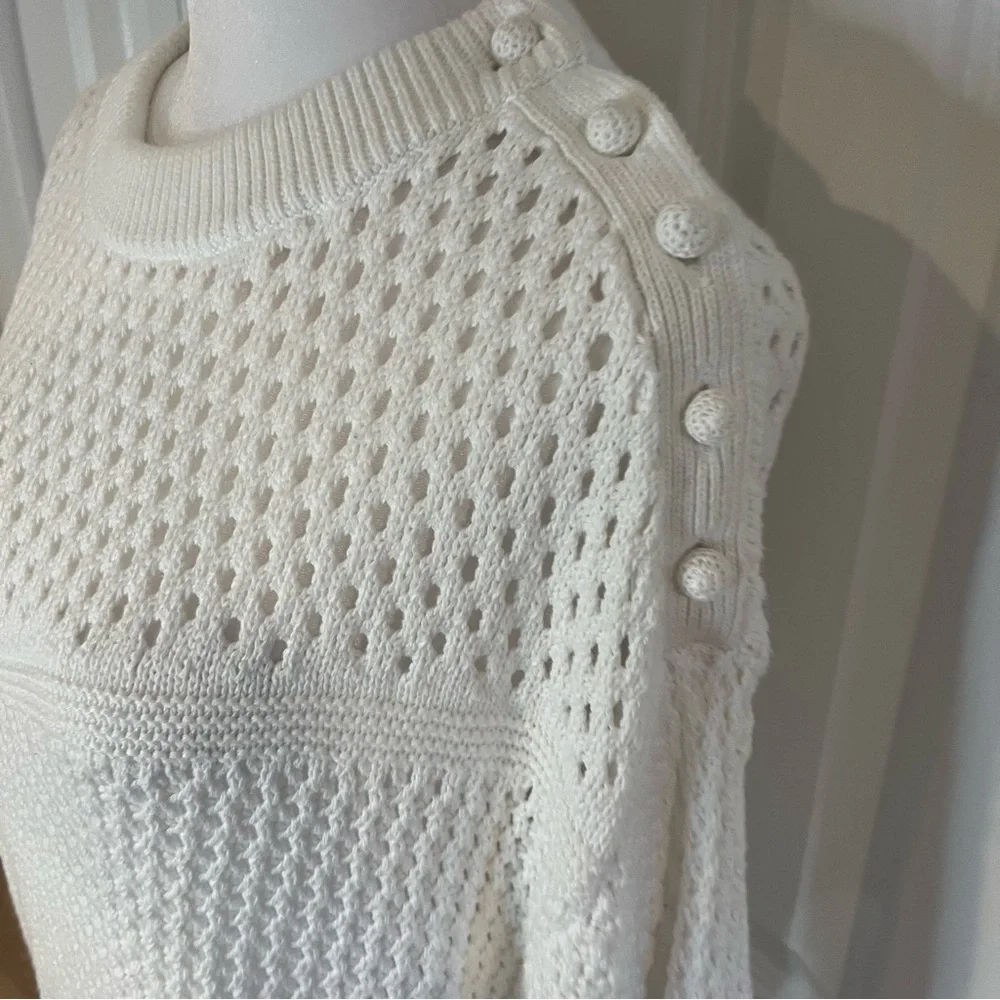 J Crew, White Sweater with Intricate Open-Weave Design and large buttons, Size M